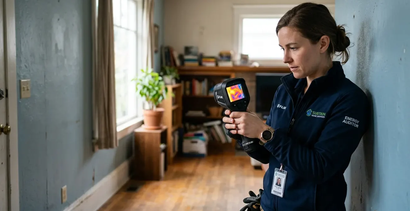 Expert réalisant un audit énergétique dans une maison avec caméra thermique