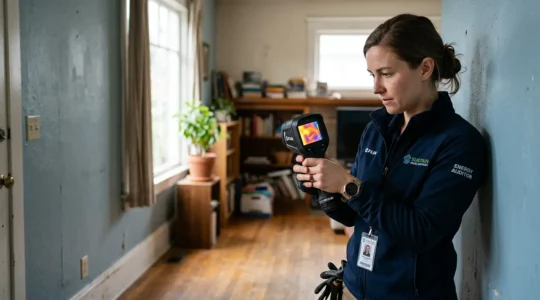 Expert réalisant un audit énergétique dans une maison avec caméra thermique