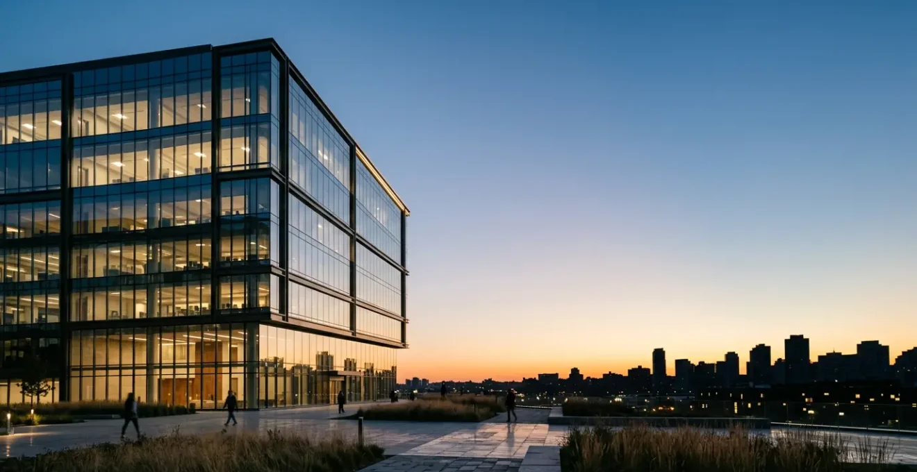 Bâtiment tertiaire moderne avec focus sur les systèmes d'efficacité énergétique et l'isolation
