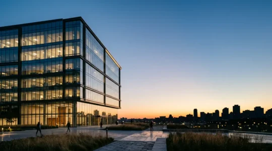 Bâtiment tertiaire moderne avec focus sur les systèmes d'efficacité énergétique et l'isolation