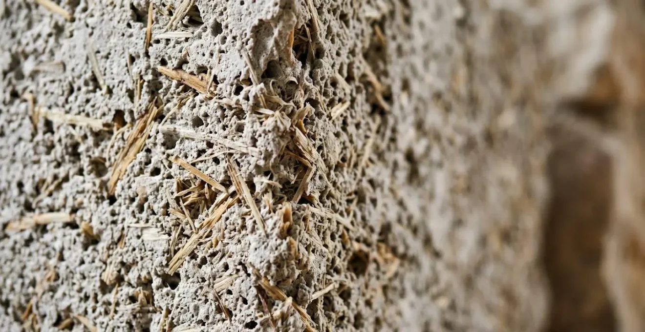 Texture macro d'un isolant en béton de chanvre montrant sa structure poreuse et ses propriétés hygrométriques
