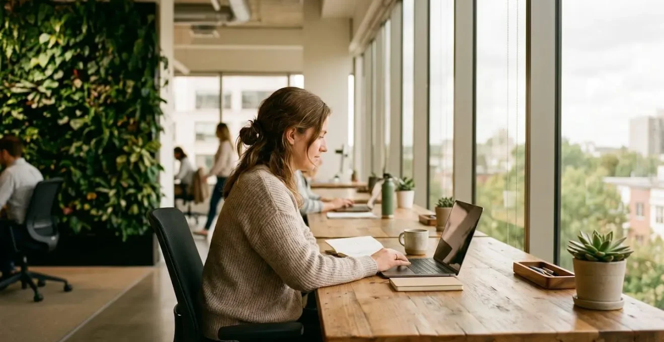 Espace de travail moderne dans un immeuble certifié durable avec lumière naturelle et végétation intégrée