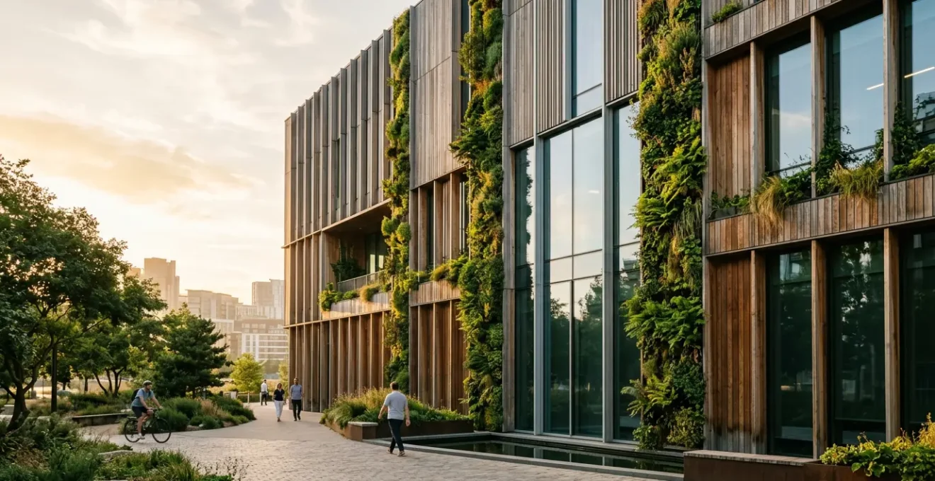 Bâtiment de bureaux moderne avec façade végétalisée symbolisant la transition énergétique