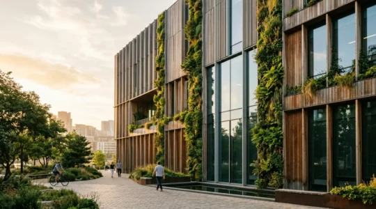 Bâtiment de bureaux moderne avec façade végétalisée symbolisant la transition énergétique