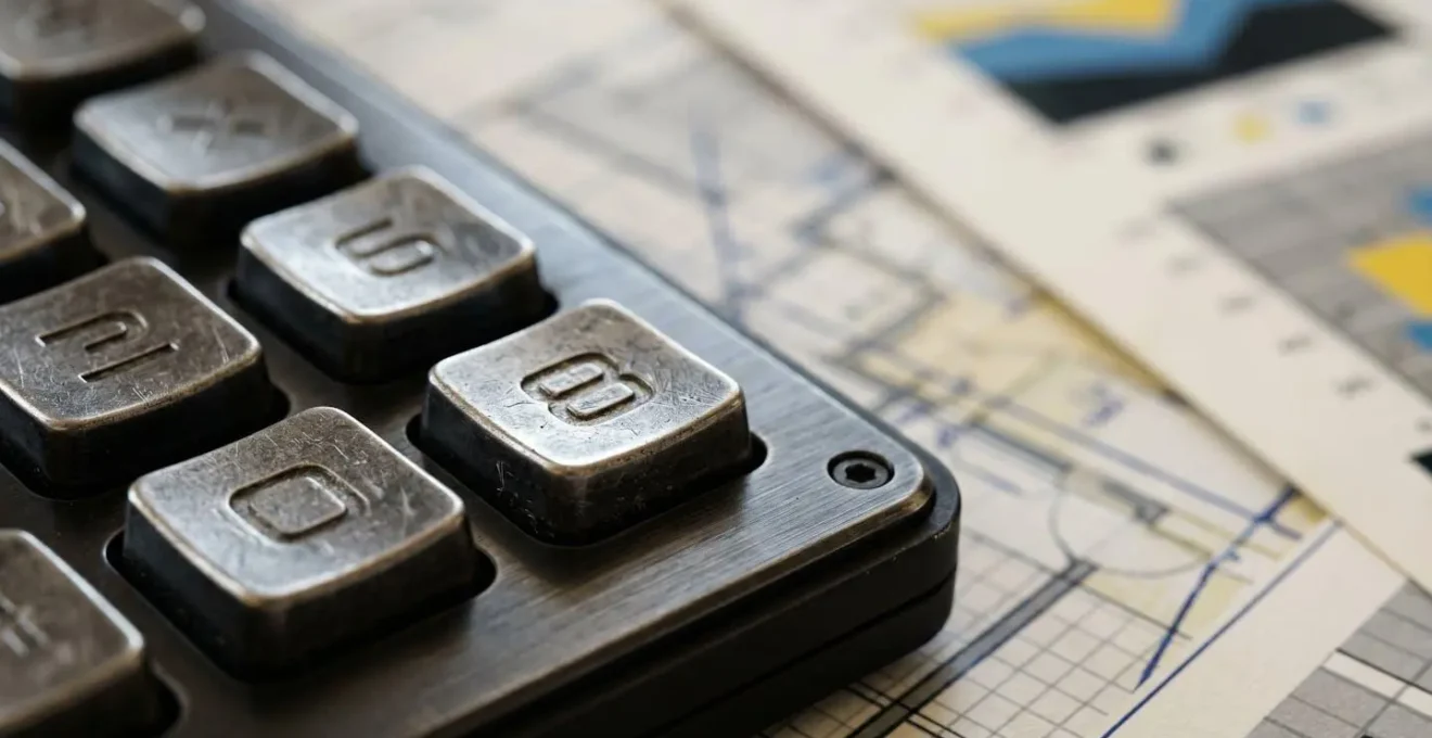 Bureau avec calculatrice, graphiques de rendement et plans de maison montrant l'analyse financière d'une rénovation énergétique