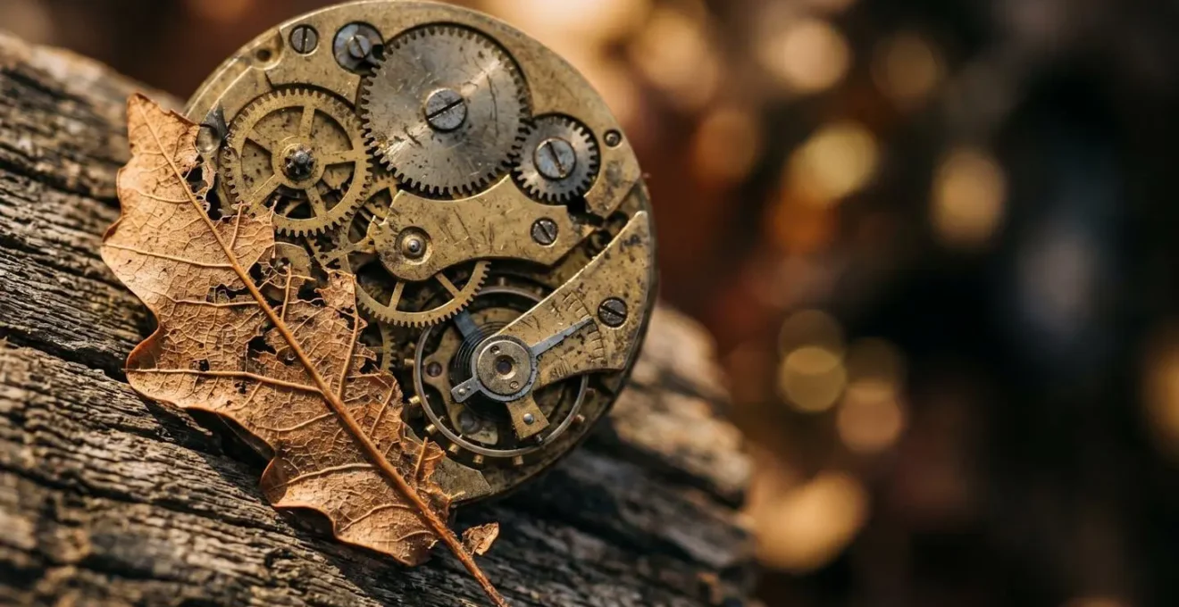 Composition symbolique du temps avec horloge et éléments naturels évoquant la planification