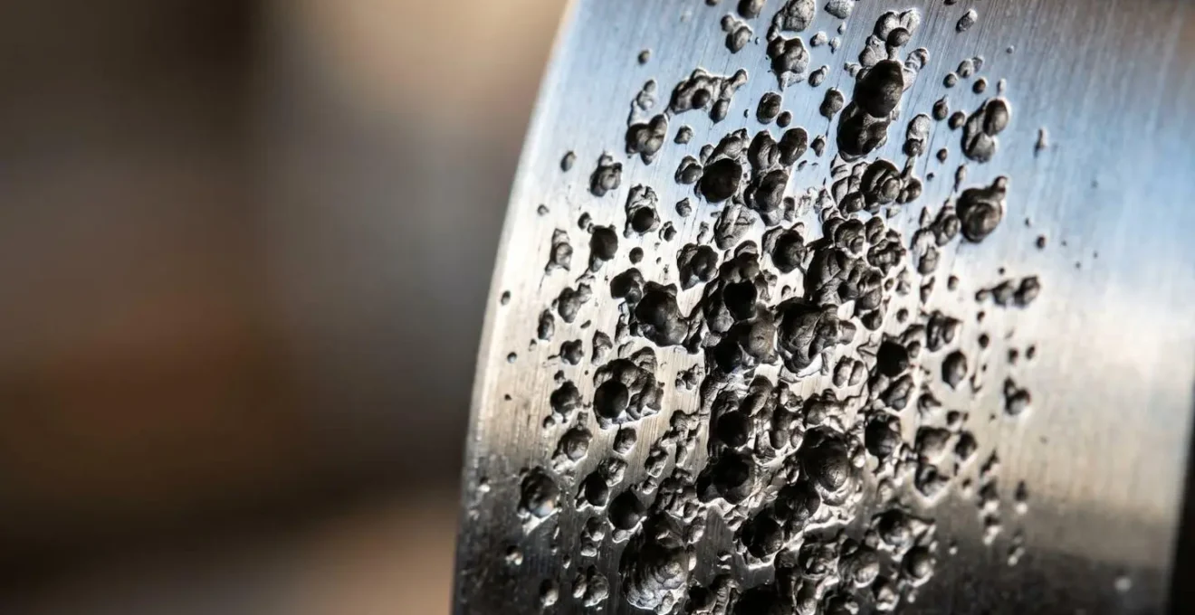 Vue macro détaillée révélant la texture complexe d'une surface métallique affectée par l'érosion de cavitation