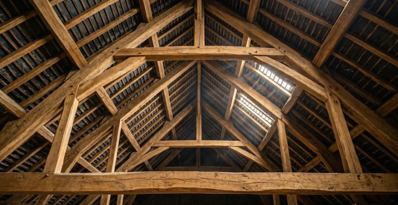Vue en contre-plongée d'une charpente en bois traditionnelle française supportant une toiture en ardoise