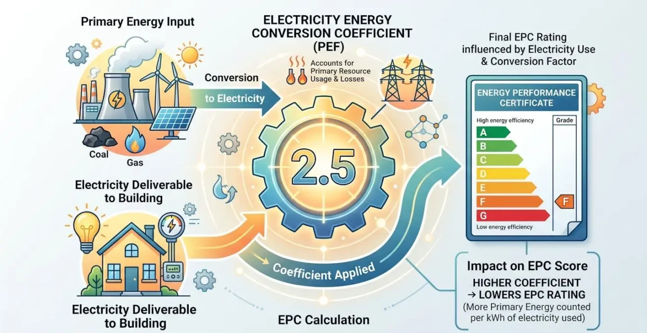 Illustration conceptuelle du coefficient de conversion énergétique appliqué à l'électricité dans le calcul du DPE