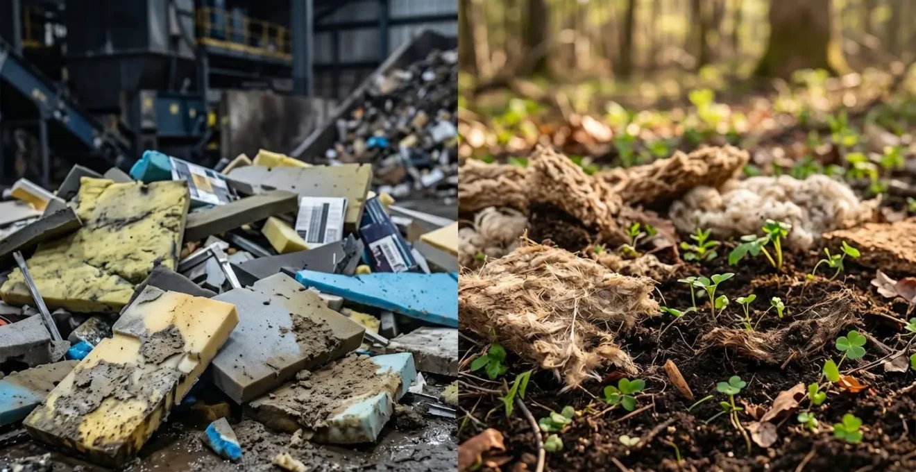 Comparaison visuelle de l'impact environnemental des isolants synthétiques en fin de vie (décharge) versus biosourcés (compost).