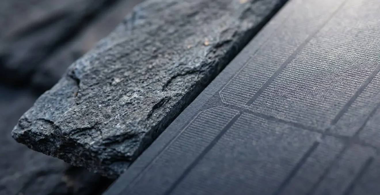 Détail rapproché montrant la texture et l'intégration esthétique des tuiles solaires imitant l'ardoise naturelle