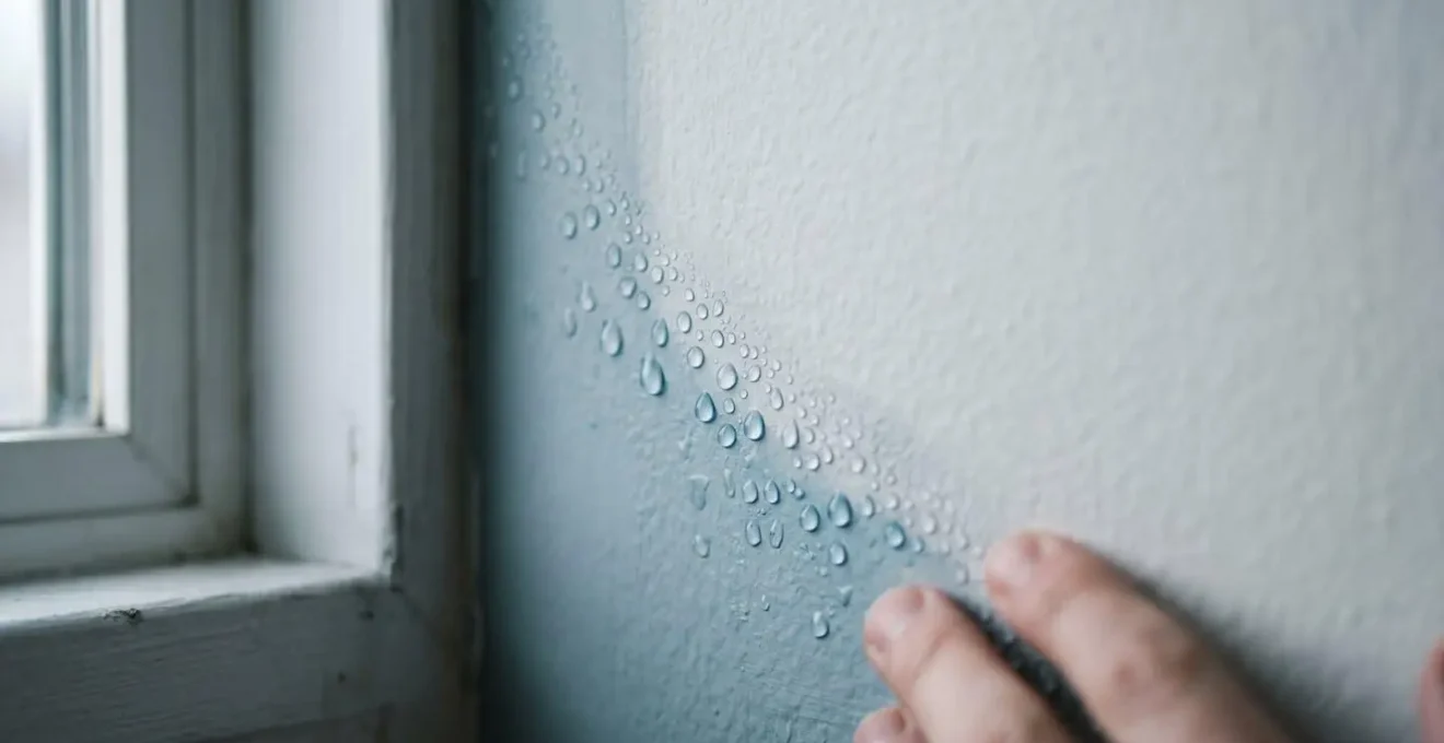Gouttelettes de condensation sur la jonction entre une fenêtre et un mur intérieur révélant un pont thermique