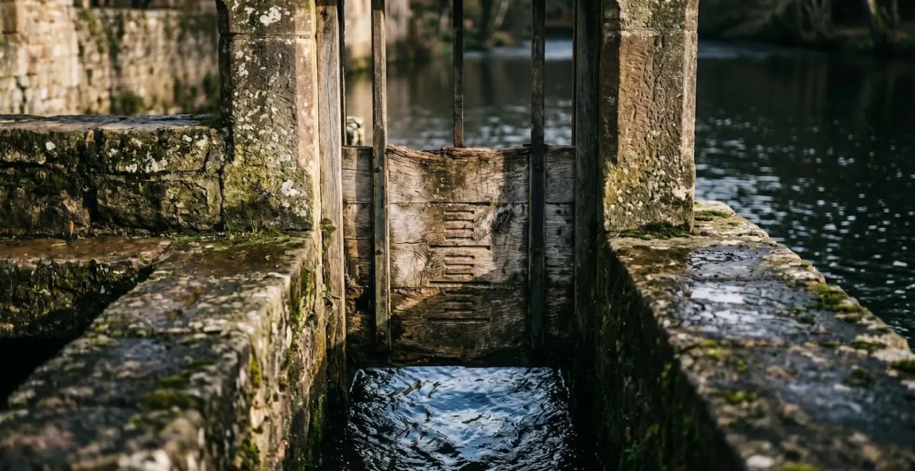 Schéma conceptuel de mesure de hauteur de chute d'eau entre deux niveaux sur un barrage de moulin