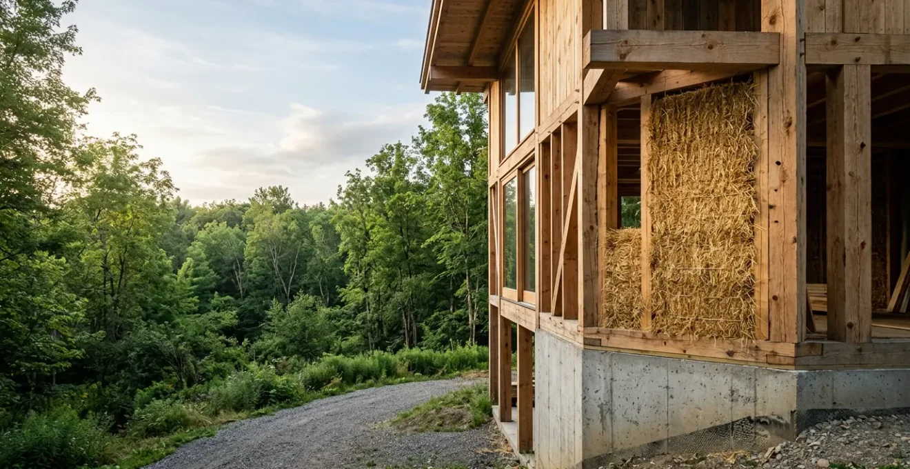 Vue d'une construction moderne alliant bois, paille et béton bas carbone dans un environnement naturel