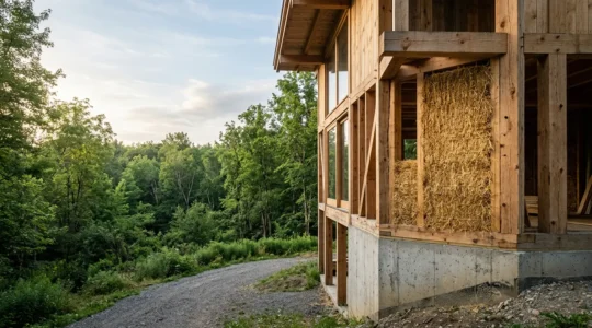 Vue d'une construction moderne alliant bois, paille et béton bas carbone dans un environnement naturel