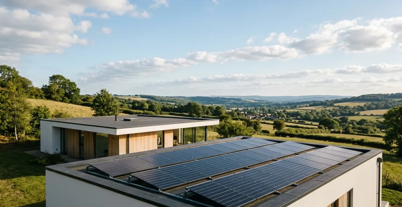 Installation photovoltaïque sur toiture avec panneaux solaires en production d'énergie renouvelable