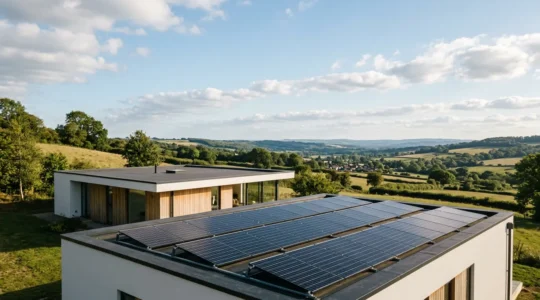 Installation photovoltaïque sur toiture avec panneaux solaires en production d'énergie renouvelable