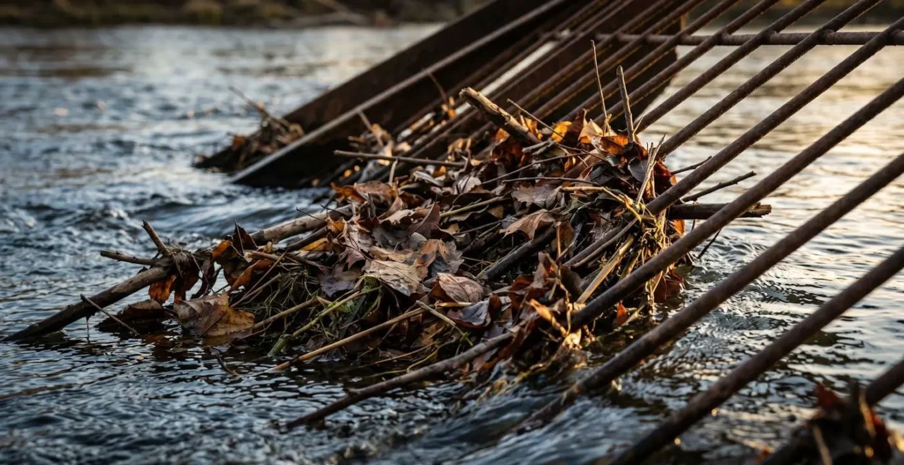 Gros plan sur des débris végétaux et feuilles accumulés près d'un ouvrage hydraulique