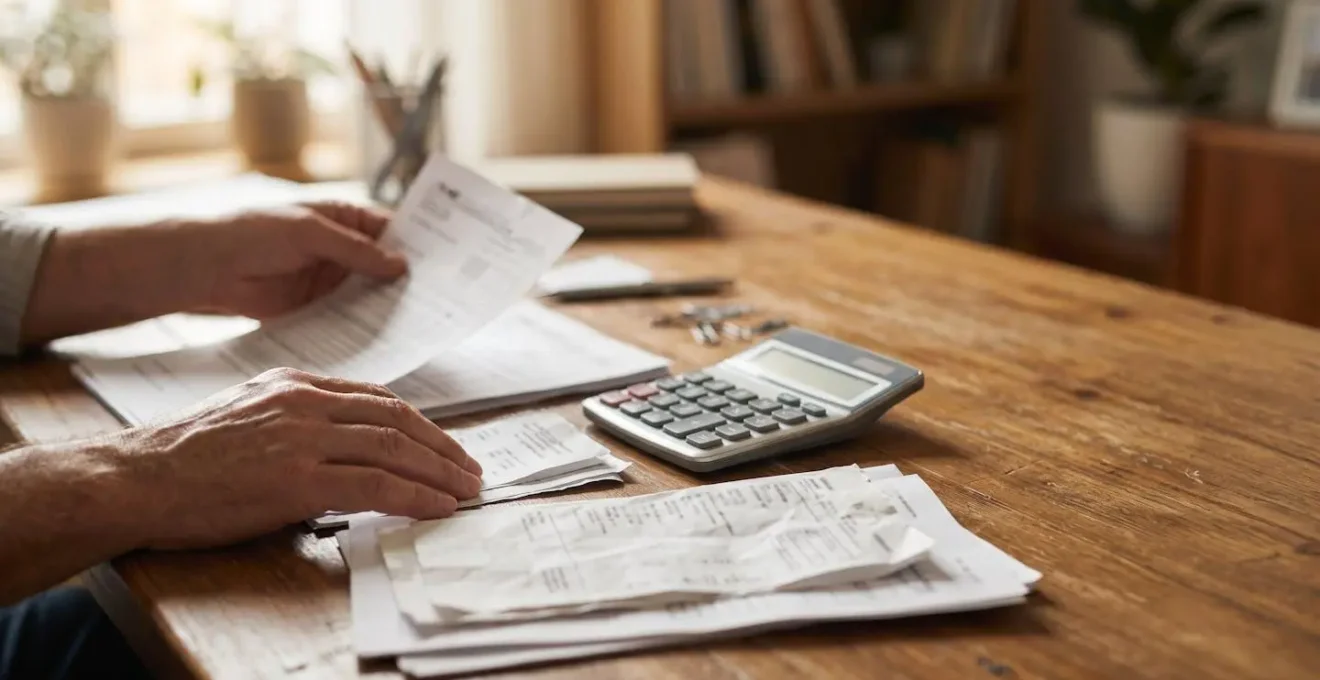 Mise en scène symbolique représentant la déclaration fiscale avec documents administratifs et calculatrice