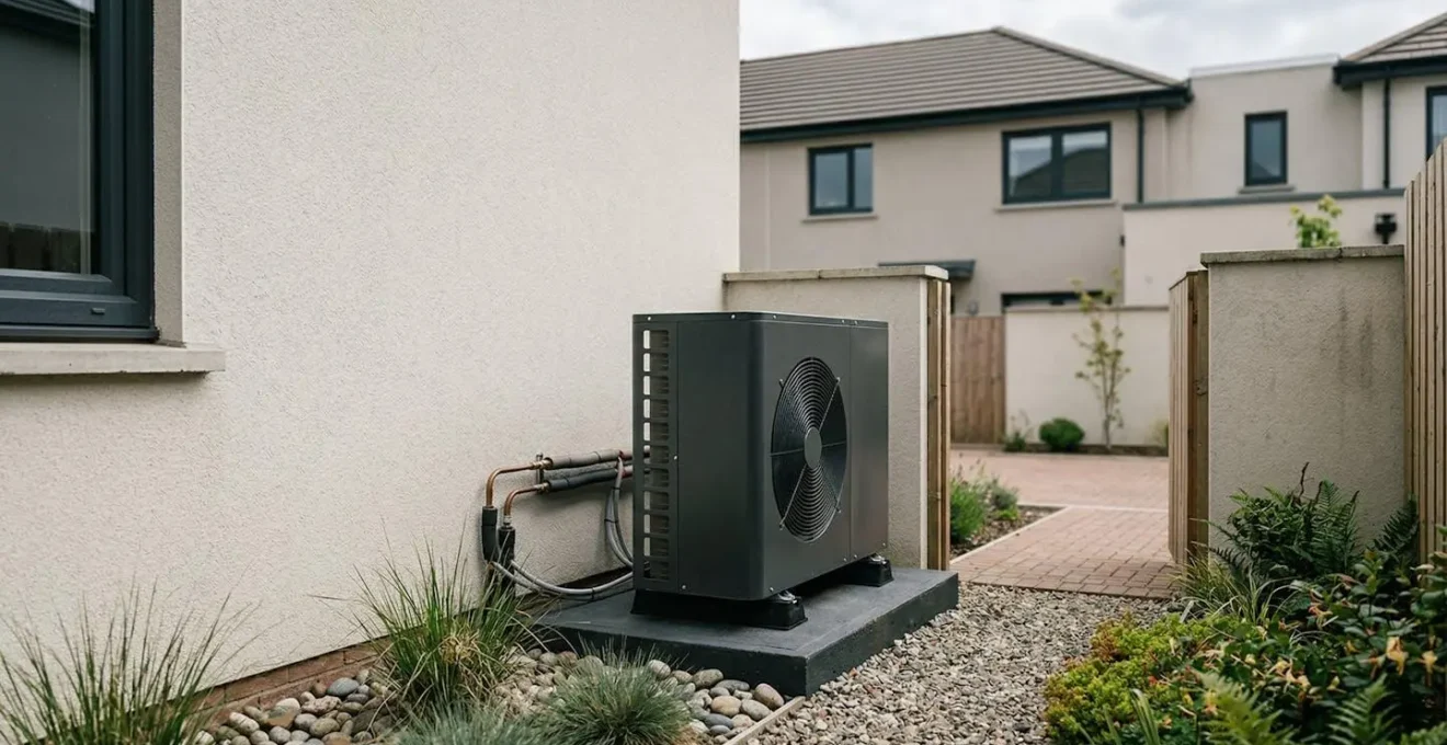 Unité extérieure de pompe à chaleur dans un environnement résidentiel avec contraintes d'installation