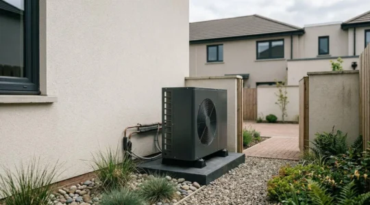 Unité extérieure de pompe à chaleur dans un environnement résidentiel avec contraintes d'installation