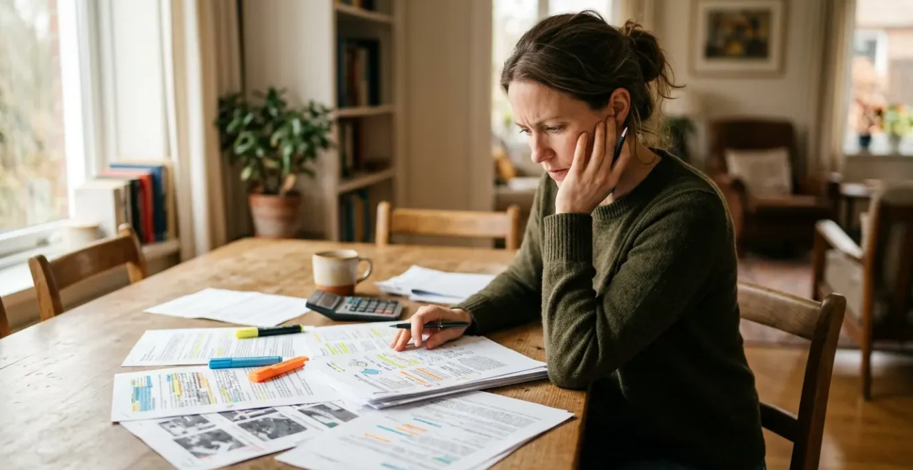Propriétaire examinant minutieusement des documents de diagnostic énergétique avec des marquages colorés