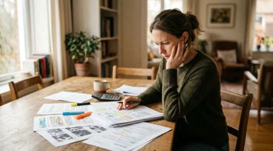 Propriétaire examinant minutieusement des documents de diagnostic énergétique avec des marquages colorés