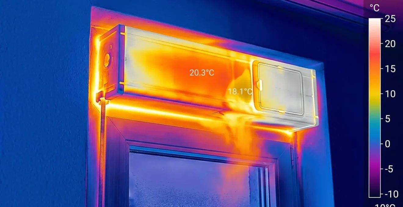 Détail macro d'un coffre de volet roulant montrant les zones de déperdition thermique