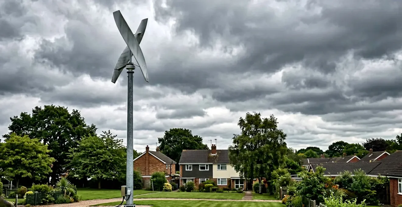 Éolienne domestique à axe vertical dans un environnement résidentiel sous un ciel nuageux avec des arbres en arrière-plan