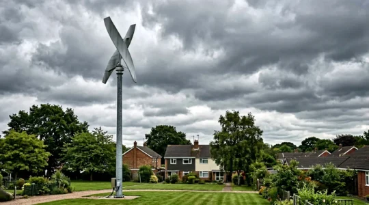 Éolienne domestique à axe vertical dans un environnement résidentiel sous un ciel nuageux avec des arbres en arrière-plan