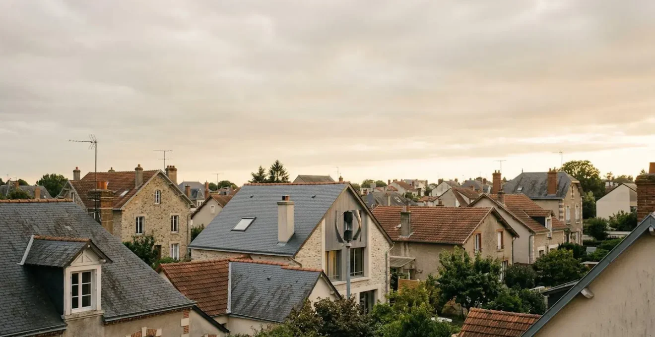Éolienne domestique installée sur un pignon de maison en zone urbaine pavillonnaire