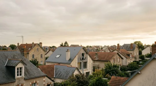 Éolienne domestique installée sur un pignon de maison en zone urbaine pavillonnaire