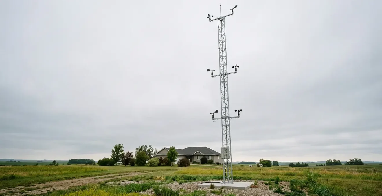 Installation de mât anémométrique sur terrain résidentiel pour étude de vent préalable à l'installation d'une éolienne domestique