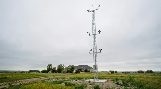 Installation de mât anémométrique sur terrain résidentiel pour étude de vent préalable à l'installation d'une éolienne domestique