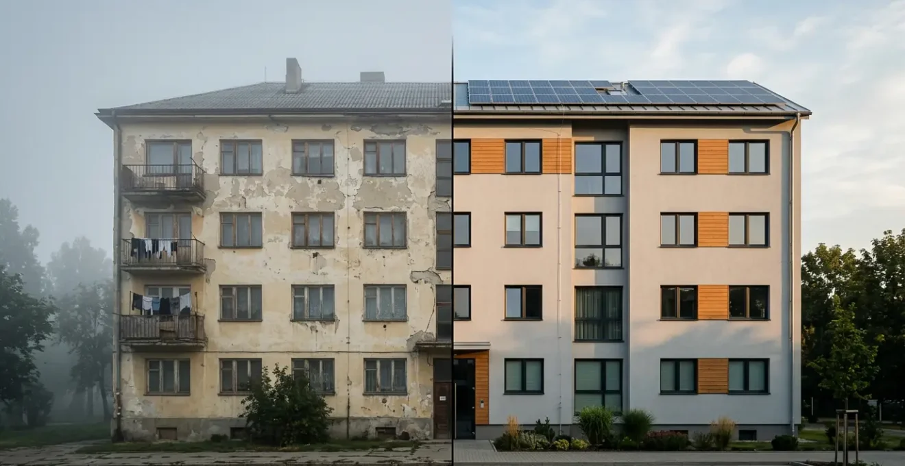 Comparaison visuelle entre un bâtiment ancien énergivore et un immeuble rénové avec des panneaux solaires