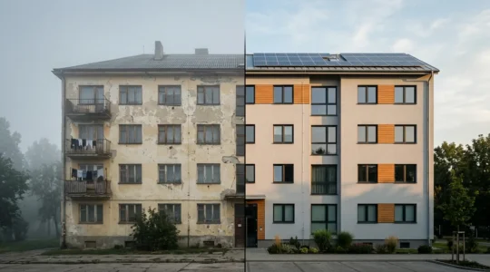 Comparaison visuelle entre un bâtiment ancien énergivore et un immeuble rénové avec des panneaux solaires