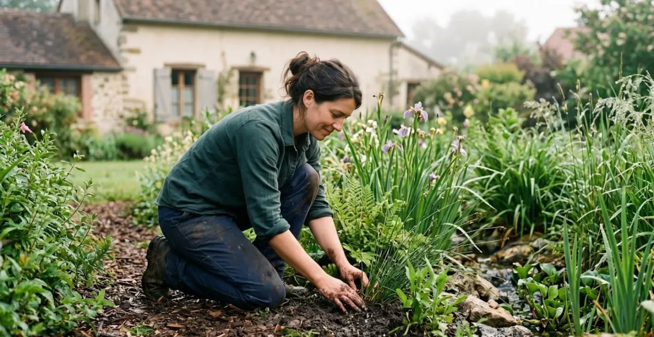 Jardin de pluie aménagé avec plantes aquatiques et système d'infiltration naturel