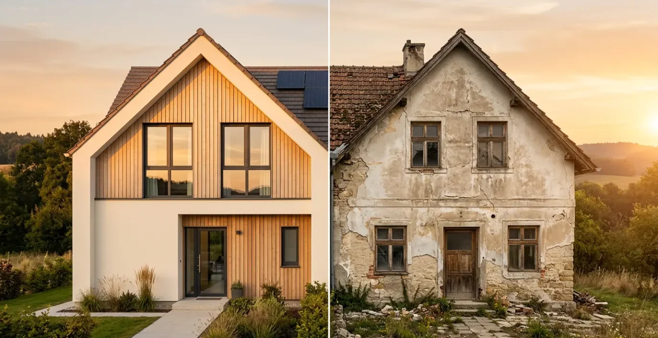 Comparaison visuelle entre deux maisons mitoyennes, l'une moderne et bien isolée avec façade claire et l'autre ancienne nécessitant des travaux, illustrant l'écart de performance énergétique