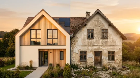Comparaison visuelle entre deux maisons mitoyennes, l'une moderne et bien isolée avec façade claire et l'autre ancienne nécessitant des travaux, illustrant l'écart de performance énergétique