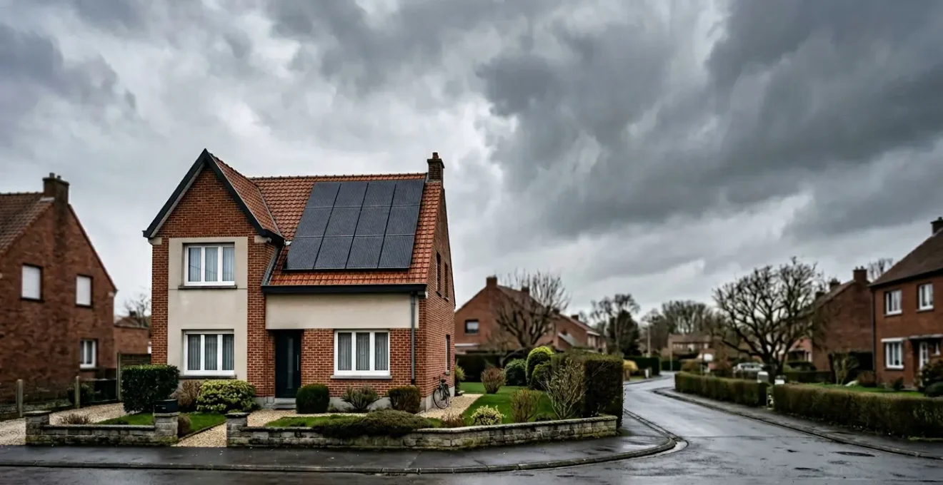 Maison individuelle avec panneaux solaires sur le toit sous un ciel nuageux typique du Nord de la France