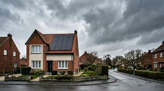 Maison individuelle avec panneaux solaires sur le toit sous un ciel nuageux typique du Nord de la France