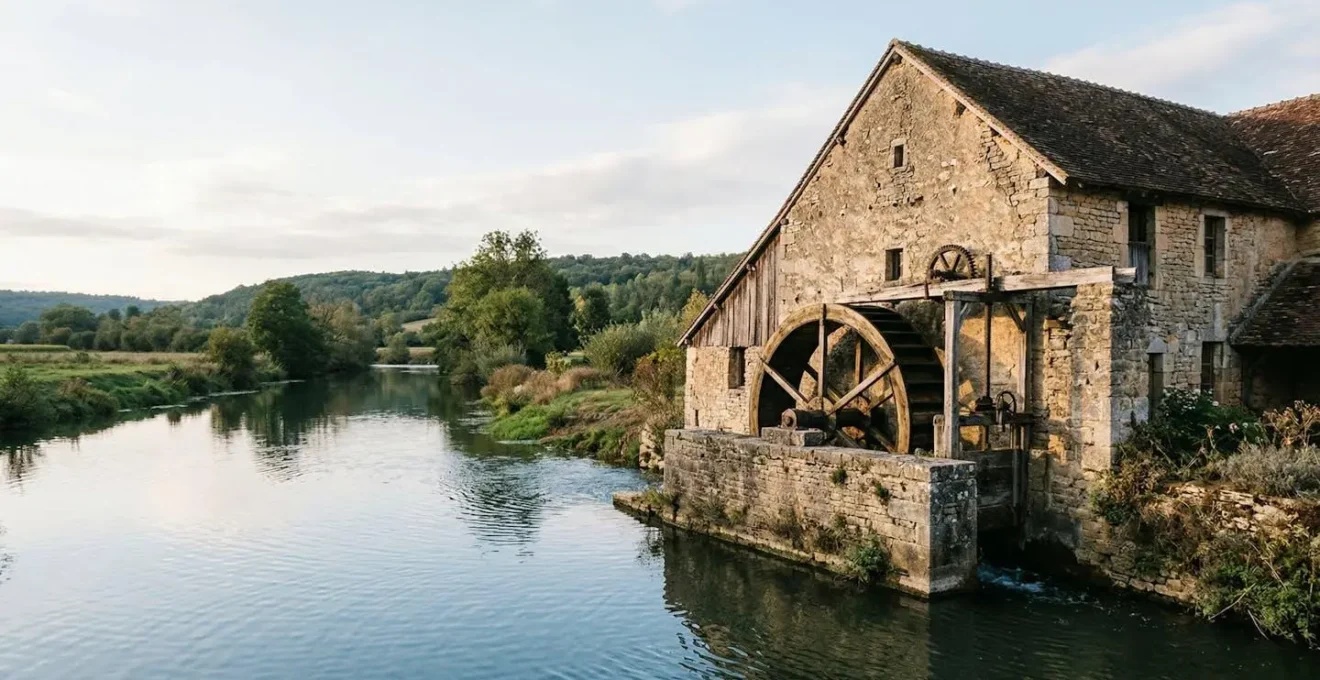 Ancien moulin à eau avec roue hydraulique et seuil en pierre au bord d'une rivière calme