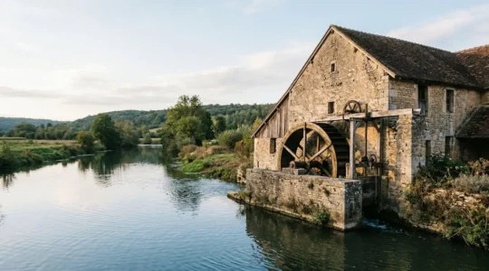 Ancien moulin à eau avec roue hydraulique et seuil en pierre au bord d'une rivière calme