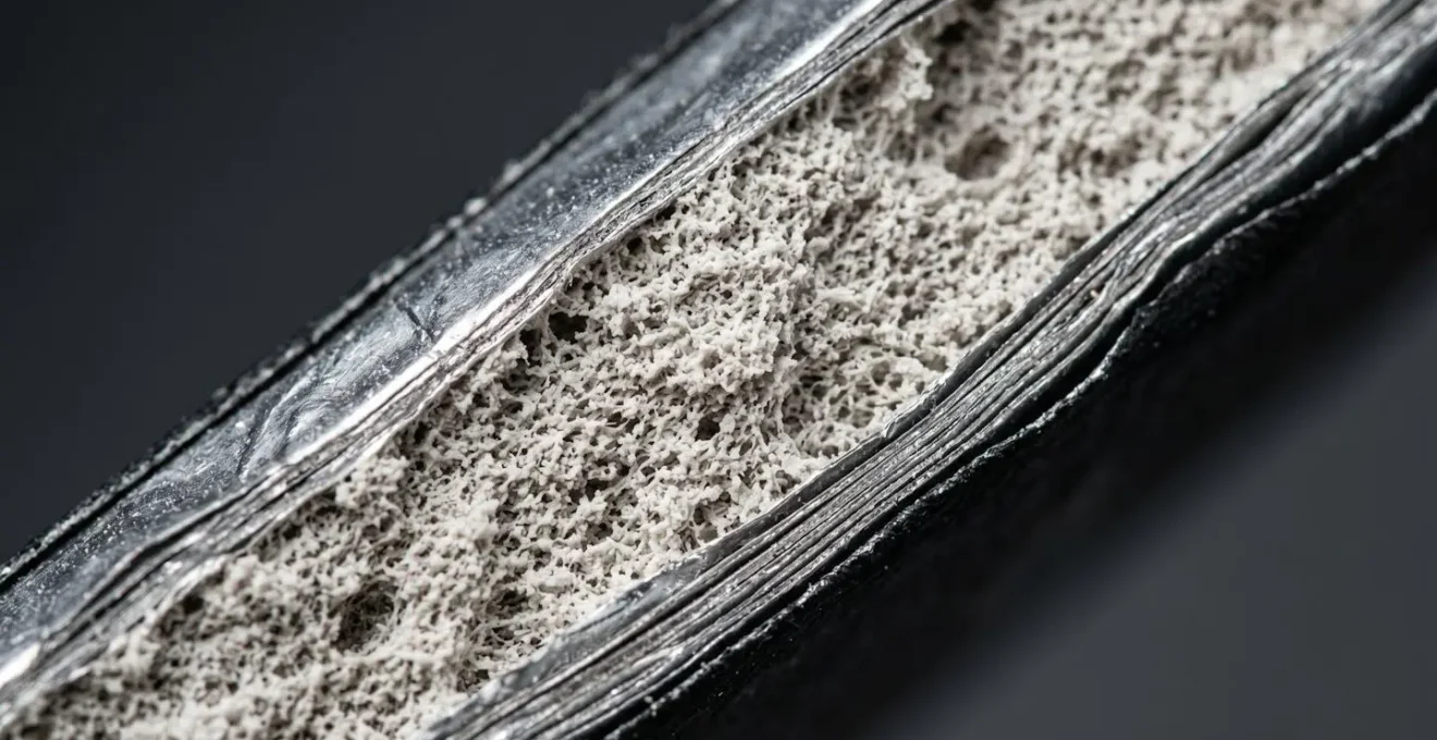 Détail en coupe d'un panneau isolant sous vide montrant la structure multicouche ultra-mince