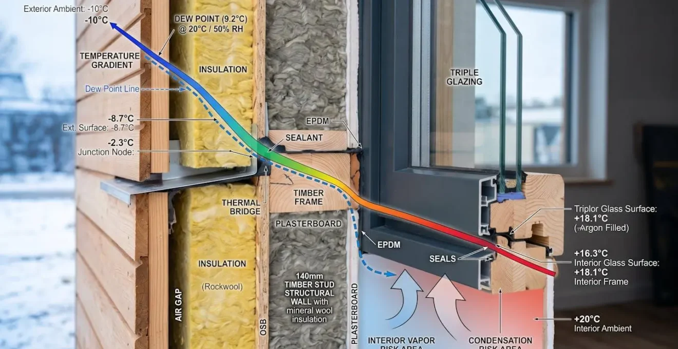 Vue détaillée d'une jonction entre fenêtre et mur isolé montrant le point de rosée