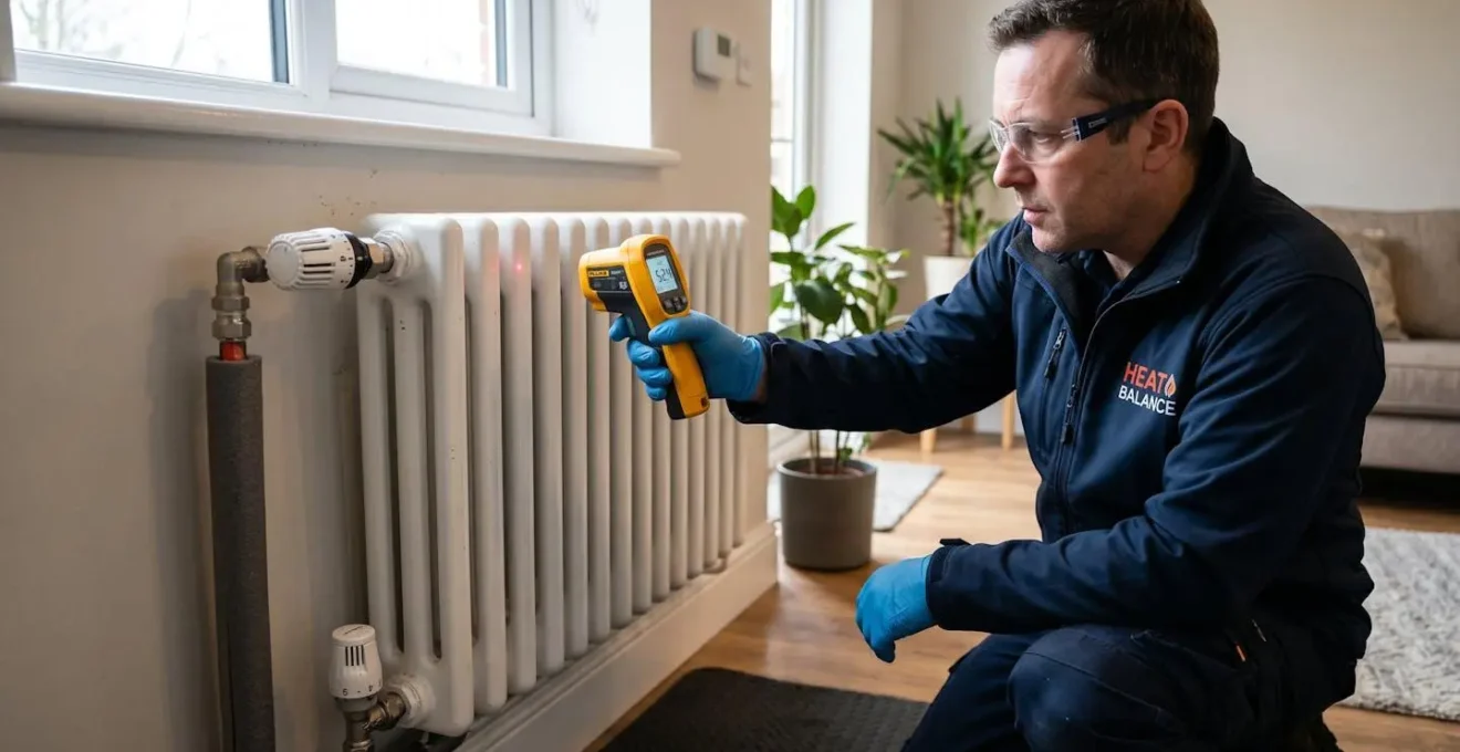 Mesure de température sur un radiateur avec thermomètre infrarouge pour vérifier le bon équilibrage hydraulique