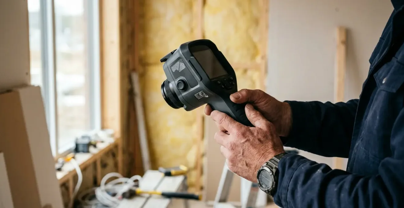 Professionnel vérifiant la conformité des travaux de rénovation énergétique lors de la réception de chantier