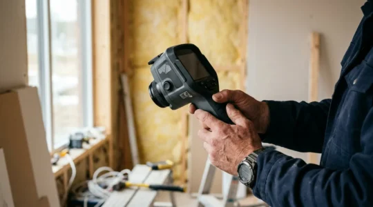 Professionnel vérifiant la conformité des travaux de rénovation énergétique lors de la réception de chantier