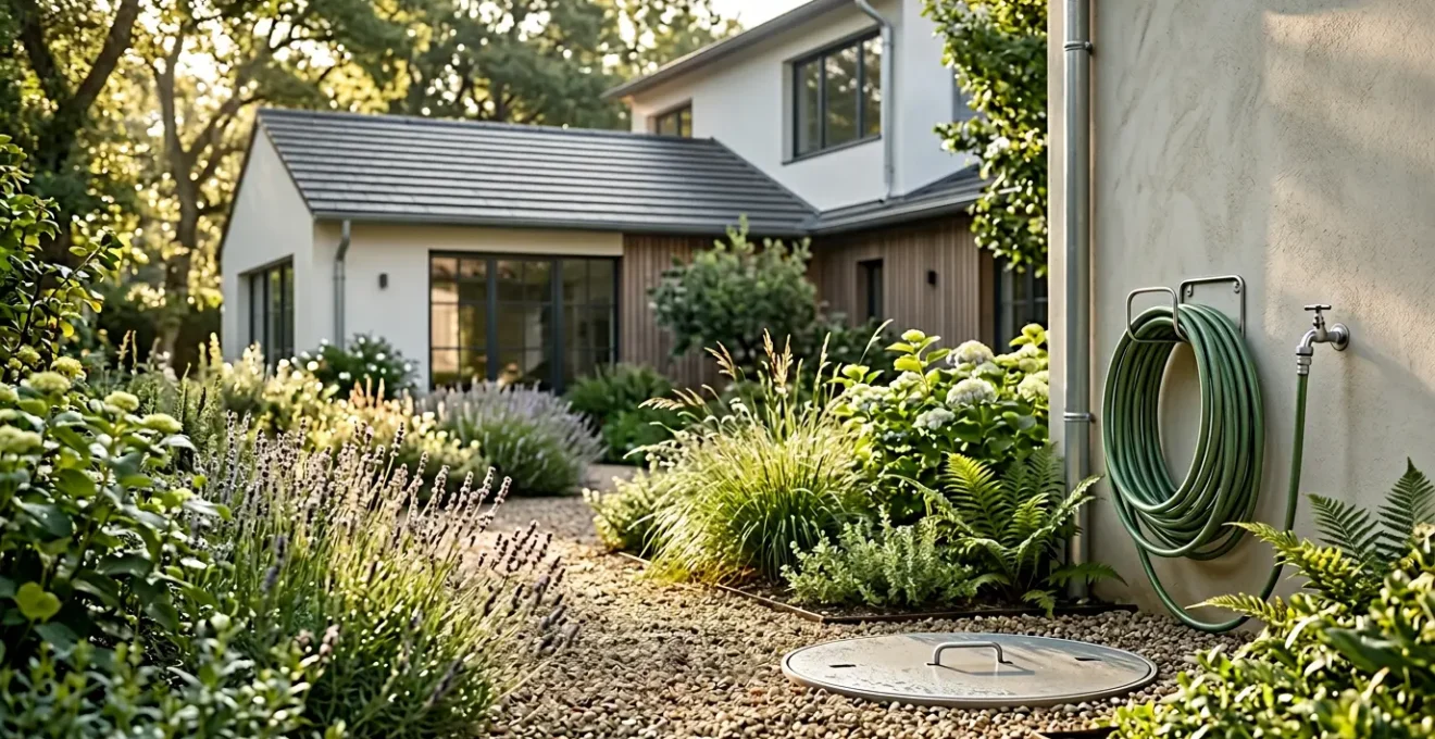 Système moderne de récupération d'eau de pluie avec cuve enterrée dans un jardin français