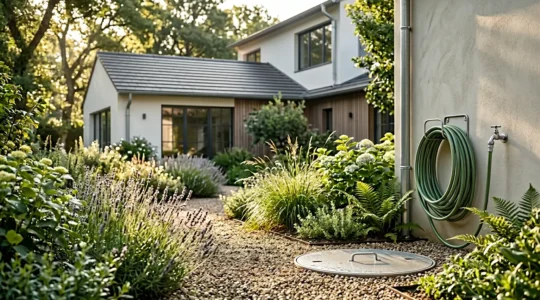Système moderne de récupération d'eau de pluie avec cuve enterrée dans un jardin français